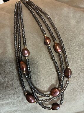 14k. Multi-Strand Brown Pearl & Smoky Bead Necklace